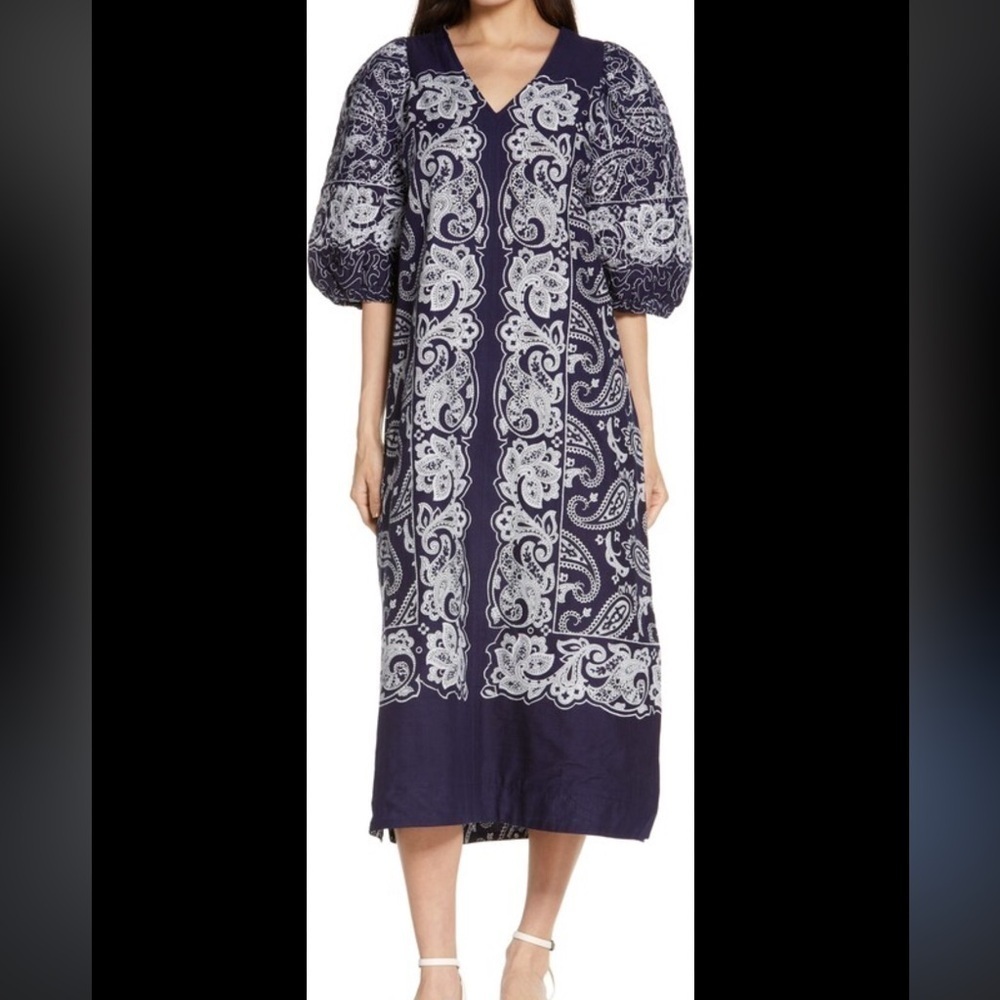 Sea NY | Theodora Paisley Print | Puff Sleeve | Midi Shift Dress in Navy | S